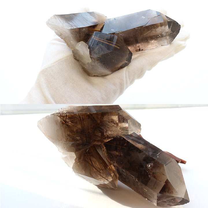 原石　ブラジル産スモーキーゴールデンルチルクォーツ（天然石 パワーストーン 置き物　置き石）手にのせたイメージと逆光で撮影 