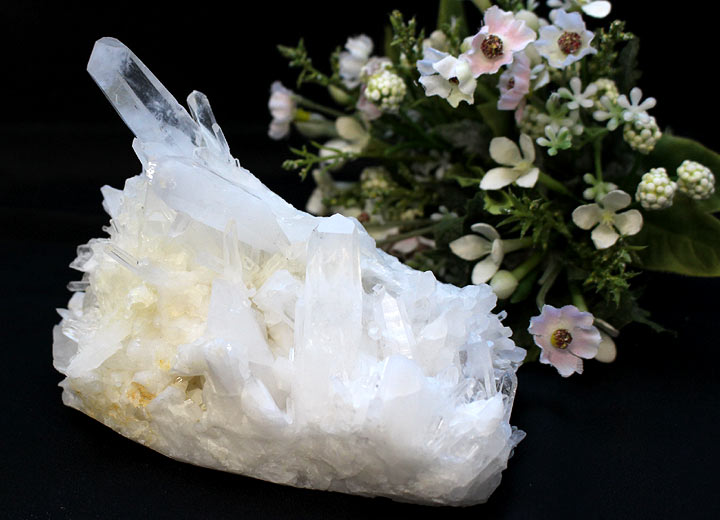 中国産 水晶 クラスター 原石 01（天然石 パワーストーン 置物 インテリア）を黒背景で花の前に置いて撮影