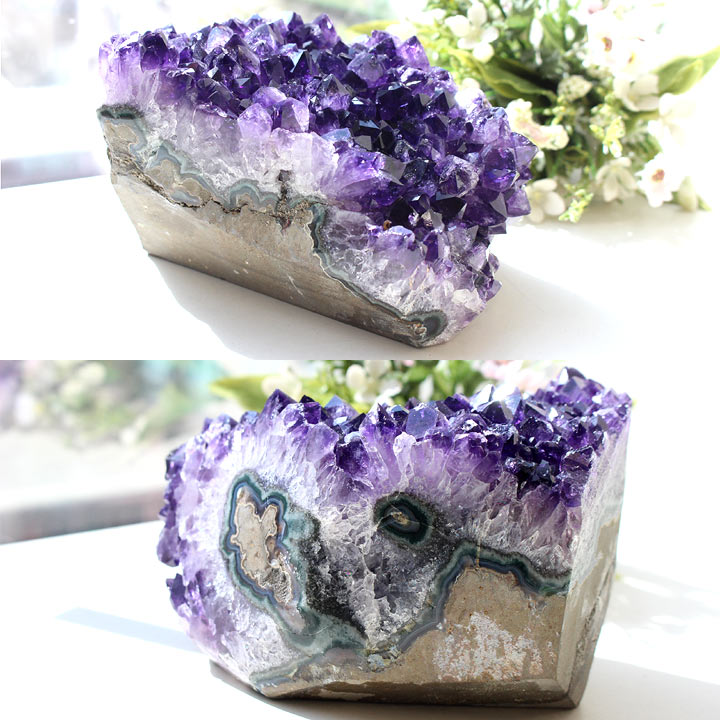 ウルグアイ産 アメジスト クラスター 23 原石（紫水晶 アメシスト 天然石 置物）斜めと横から撮影